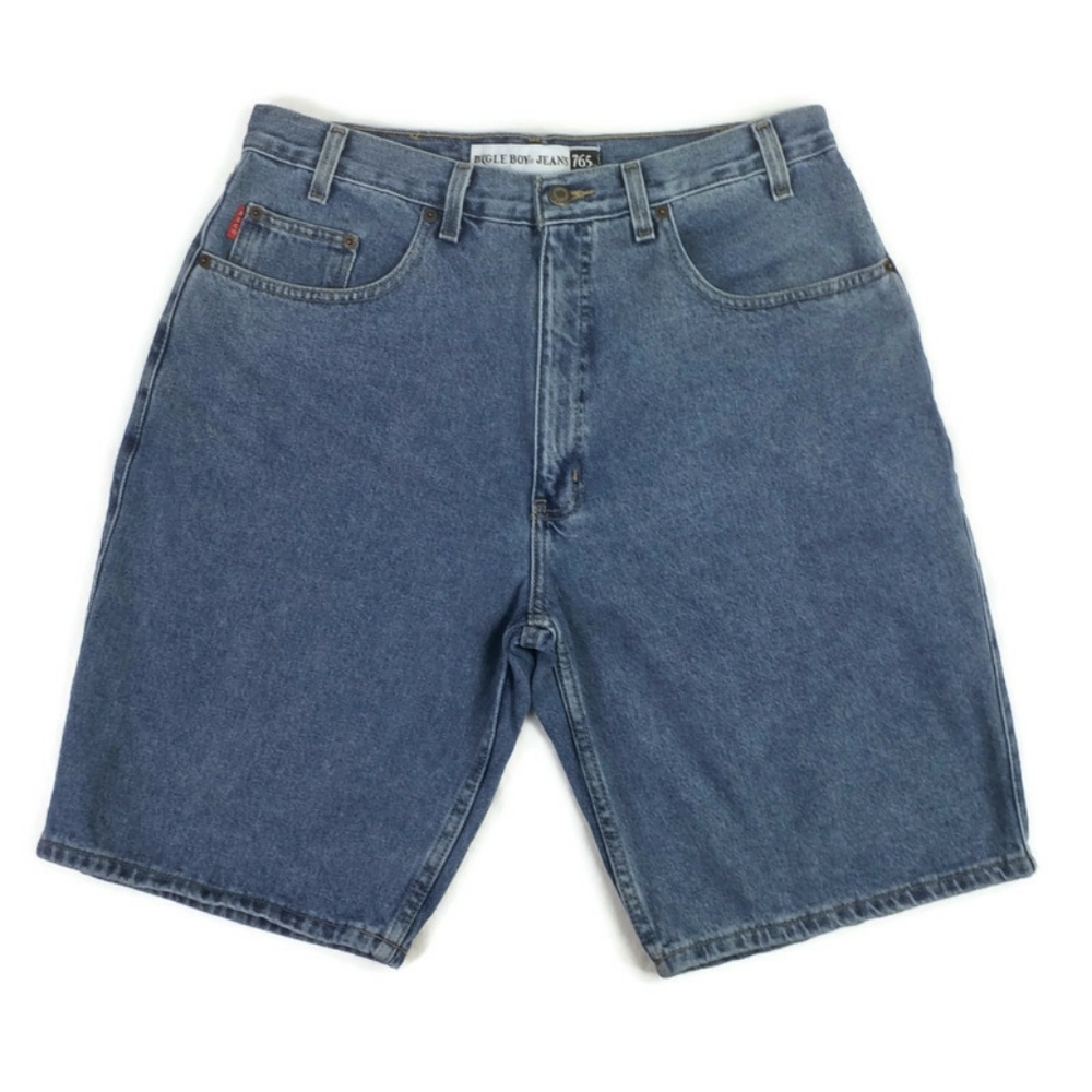 Vintage Bugle Boy 765 Medium Wash Flat Front Denim Jean Shorts Mens Size 32 x 11